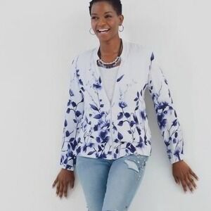 Chicos Blue Floral Bomber Jacket Womens 1 Medi White Rayon Zip Front Lightweight